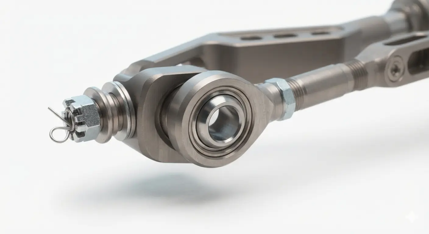 Macro detail of spherical rod-end bearing at the FD-7042 lever joint
